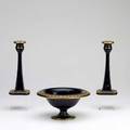 Garniture set three pieces pair of candlesticks and center piece bowl european black glass with gilt border decoration 20th c tallest 10