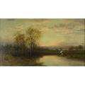 William c bauer american 18621904 oil on canvas of a sun setting over a pastoral landscape with stream framed signed wc bauer 14 x 24