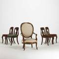 Victorian chair grouping five pieces 20th c set of four mahogany framed side chairs with needlepoint seats together with balloon back arm chair ballon chair 42 x 26 x 30