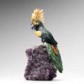 Hardstone carving exotic bird perched on an amethyst druze 20th c 14 12 x 10 34 x 5 12