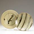 Shoji hamada two shallow slip glazed dishes one with paper label largest 7 12 dia