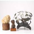 Three contemporary table scultpures welding metal abstract cast bronze torso on wooden base illegibly signed and carved sandstone crouching figure on wooden base largest 10 x 12 dia