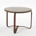 Jacques adnet occasional table france 1950s mahogany and stitched leather unmarked 16 x 20 dia