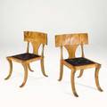 Biedermeier pair of carved maple burl and fabric klismos chairs unmarked 32 x 24 12 x 25 12