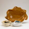 Russel wright three pieces one oceana freeform wood bowl together with two freeform ceramic bowls with frothy glaze all with script signature oceana 2 18 x 14 12 x 10 12
