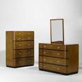 Art deco three pieces tall and wide dressers with hanging mirror likely american 1940s satinwood zincplated steel and enameled wood unmarked tallest 49 x 37 x 20