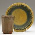 Wilhelm kage gustavsberg two glazed redware vessels footed shallow bowl and drinking cup both signed tallest 4 34