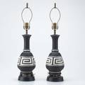 Lamp group two baluster shaped ceramic lamps with greek key decoration together with two columnar green alabaster lamps unmarked taller 20 34