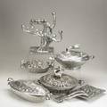 Donald drum nine pieces cast aluminum four covered casseroles two candelabra serving dish and two salad sets all marked tallest 14 14