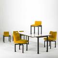 Vladimir kagan grosfeld house seven pieces 1950s fliptop dining table and six chairs two swivel mahogany laminate and mohair unmarked table open 30 x 66 x 44 swivel chair 32 x 18 x 2