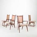 Vladimir kagan kagandryefuss set of four dining chairs usa 1950s sculpted walnut wool and woven cane unmarked armchair 40 x 23 12 x 25 12 side chair 39 x 19 x 23