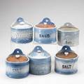 Covered salt boxes six in blue decorated molded stoneware 19th20th c tallest 5 34