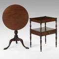 Two 19th c tables both mahogany one a single drawer work table the other a spade foot tilttop table work table 28 x 21 12 x 17 12