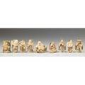 Japanese netsuke nine figural items including wise men and buddha in ivory or bone 19th20th c most marked tallest 2 14