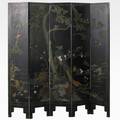 Lacquered asian screen five panels depicting a woodland scene 20th c 62 34 x 60 entire