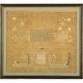 American needlepoint sampler by elizabeth ann melody titled the youths request with house tree and potted plant decoration dated 1828 probably from pennsylvania 18 x 16