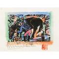 Shiko munakata japanese 19031975 colored woodcut horse washing framed stamp signed 5 12 x 7 sight
