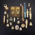 Asian ivory grouping approx twentyfour items 19th20th c includes candlestick back scratcher puzzle ball figurines etc largest 16