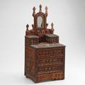 Tramp art miniature chest of drawers with red painted hearts ca 1900 losses and repairs 23 12 x 10 14 x 8 34