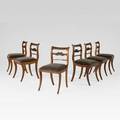 Sabre leg dining chairs set of six with mahogany frames and upholstered slip seats 19th c 32 x 15 x 17