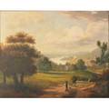 19th c hudson river panorama oil on canvas with figures villages and distance mountains framed 24 x 30