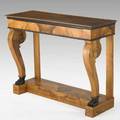 Biedermeier console table exotic veneer one drawer and claw feet 19th c 36 x 46 x 17 14