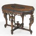 Pottier and stymus attr american bronzemounted center hall table the top inlaid with musical instruments birds and portrait busts 19th c 29 x 40 14 x 27 14