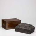 Two decorative boxes heavily carved middle eastern jewlery box and a zinclined mahogany humidor 19th20th c larger 7 x 14 x 9 14