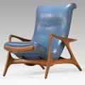 Vladimir kagan kagandreyfuss adjustable chair with retracting footrest usa 1950s carved walnut aluminum leather plastic branded factory mark total 41 x 30 12 x 41 12