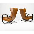 Jindrich halabala pair of wingback lounge chairs czechoslovakia 1940s leather stained beech unmarked 38 x 28 34 x 34