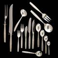 Raymond loewy wallace silversmiths discovery sterling flatware set for sixteen usa c 1957 dinner knives fish knives butter knives dessert knives two master butter knives salad forks double