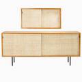 Florence knoll knoll associates two early cabinets usa 1940s birch woven cloth leather enameled steel unmarked 31 x 71 34 x 18 18 x 36 x 15 14