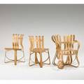 Frank gehry knoll one cross check and two hat trick chairs 1993 and 2000 birch laminate all branded 34 x 28 x 26 33 12 x 19 x 21