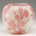 Steuben spherical cameo glass vessel with prunus pink and jade glass stamped mark 7 x 7 12