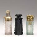 Lalique three perfumes two le parisien atomizers for molinard ca 1923 frosted glass with sepia or green patina gilt metal m p 963 no 1a together with one ambre dorsay black glass perf