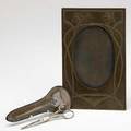 Roycroft brass washed hammered copper desk top frame and a tooled leather scissor holder leather stamped with orb and cross mark frame 9 14 x 6 scissor holder 6 14