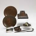 Roycroft ten assorted hammered copper items including two dard hunter card trays most marked trays 5 34 dia