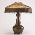Stickley brothers attr table lamp hammered copper and wicker 22 x 18