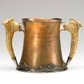 Joseph heinrichs marsellus  pitt presentation cup 1903 hammered copper silver and horn inscribed rumson polo cup horse show july 3rd and 4th 1903 horse over 152 marked marsellus  pitt c