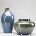 Fulper two vases chinese blue flambe glaze wider one unmarked taller has rectangular ink mark 7 12 x 10 and 13  x 6 12