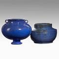 Fulper two squat vases in blue glazes racetrack marks 6 and 8