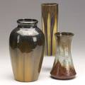 Fulper three vases two in cats eye flambe all have vertical marks tallest 10 x 5 12