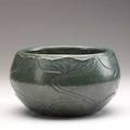 Merrimac jardiniere carved with water lillies matte green glaze unmarked 4 34 x 8 12