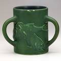 Sallie toohey rookwood carved matt threehandled tyge with fish matte green glaze1905 flame mark830bst 7 x 9