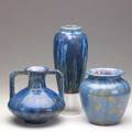 Pierrefonds three blue crystalline vases stamped pierrefonds with knights helmet 7 7 12 and 9 14