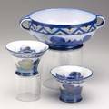 Moorcroft threepiece garniture with pearlized landscape pattern blue glaze signature moorcroft made in england bowl 3 34 x 11 candlesticks 3 12 x 5