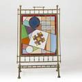 Aesthetic movement firescreen leaded stained and painted glass brass unmarked 37 x 24 x 12