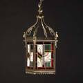 Aesthetic movement lantern leaded stained and painted glass brass unmarked 25 14 x 10 sq