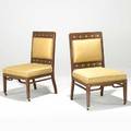 Aesthetic movement pair of sidechairs mahogany mixedmetal inlay brocade upholstery unsigned 34 x 21 x 22