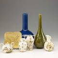 American aesthetic movement ceramics seven pieces by greewood rookwood ott  brewer and ckaw all signed tallest rookwood 7 12 x 5